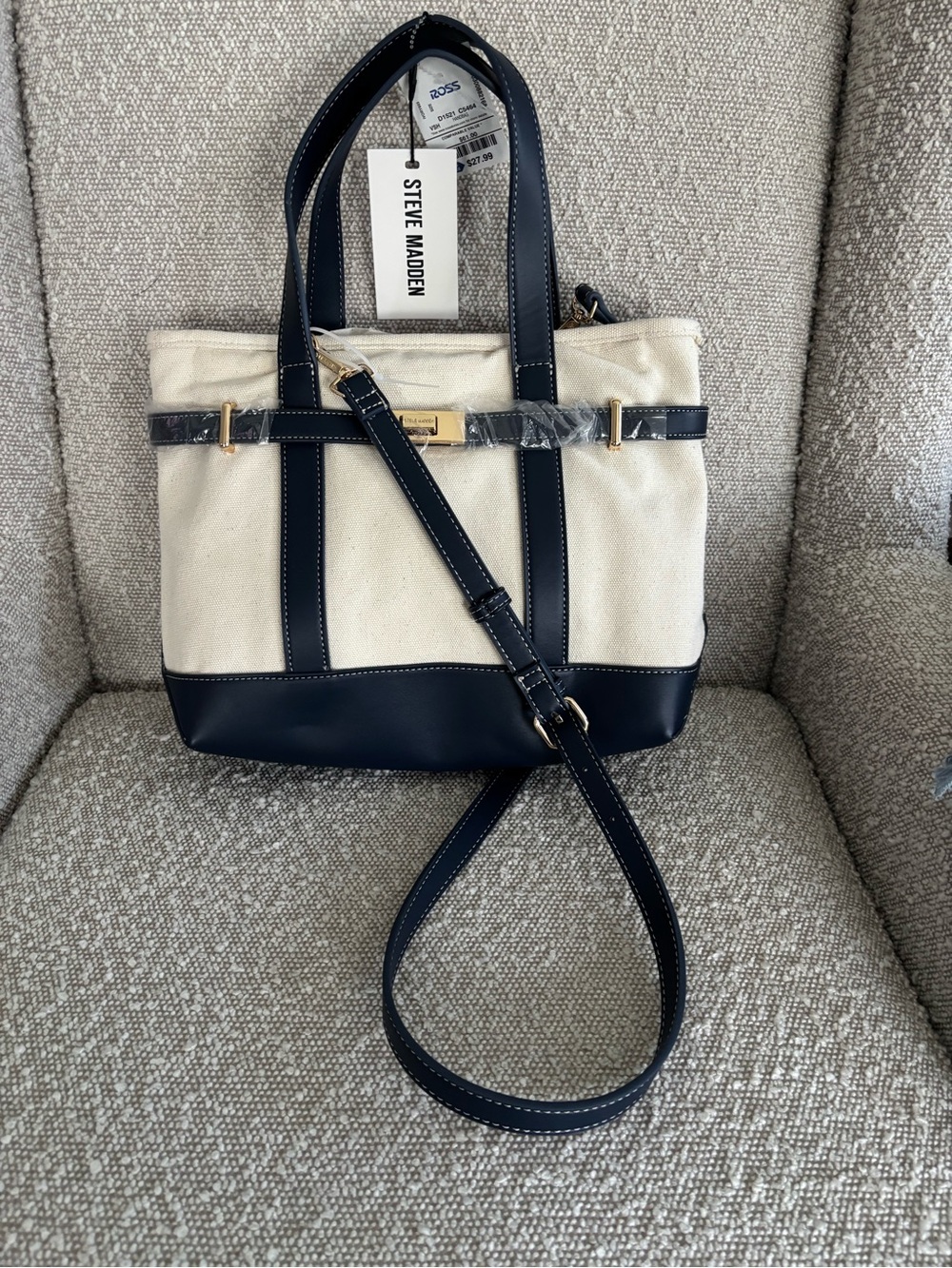Steve Madden Cream and Navy Canvas Tote with Crossbody Strap